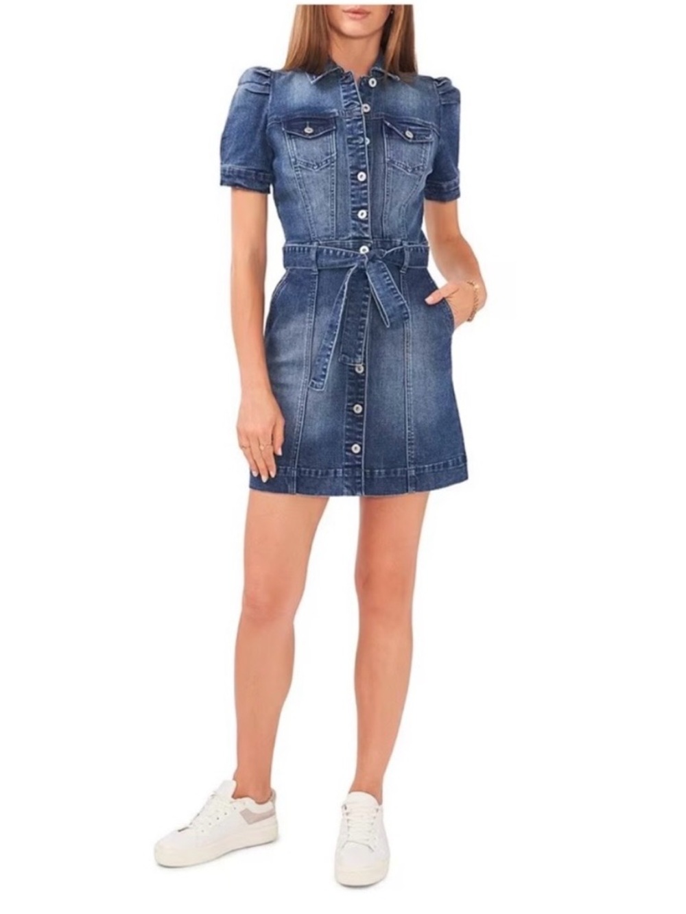 Cheseal & Violet Puff Sleeve Denim Button-Front Belted Mini Dress - Blue Size 0